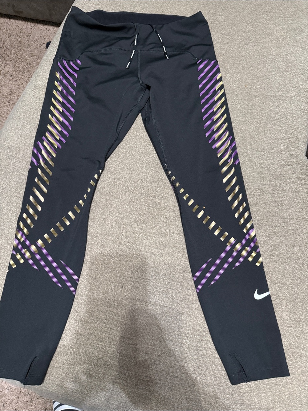 Nike Black Leggings with Purple & Gold Stripe Detail